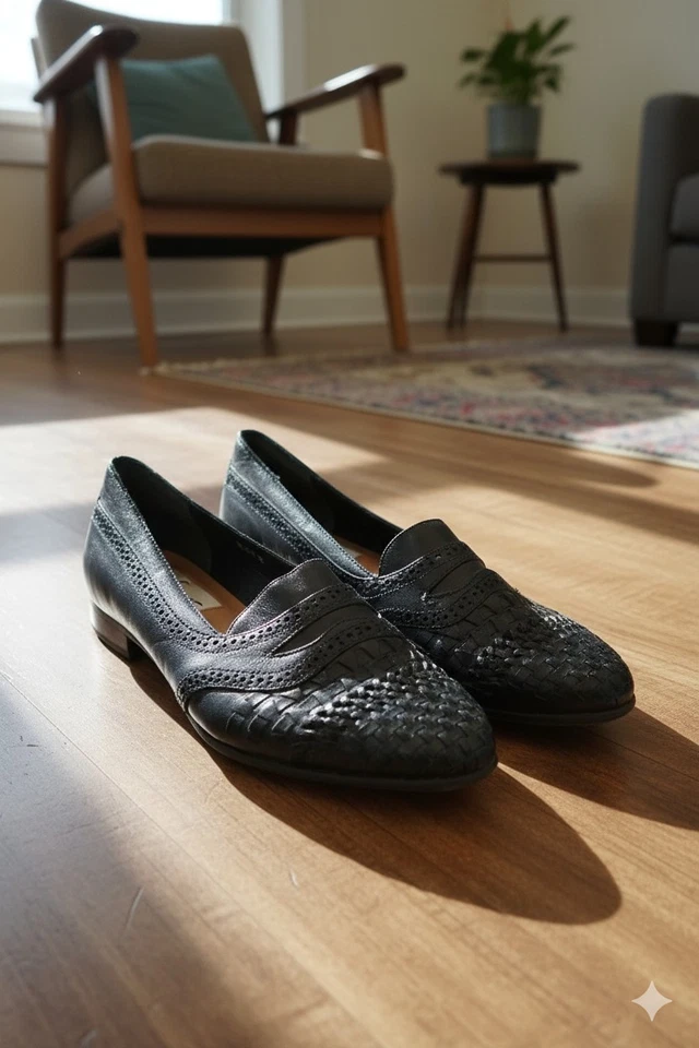 Mocasín plano tejido sin cordones Fanfares Nicole para mujer talla 8,5 de cuero negro Foto 2 de 4