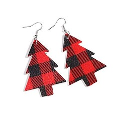 Faux Leather Red Buffalo Plaid Christmas Tree Earrings for Women