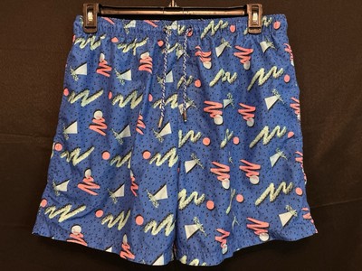 Broken Threads Retro 80s Blue Swim Trunks Shorts Men s XL Pockets Drawstring
