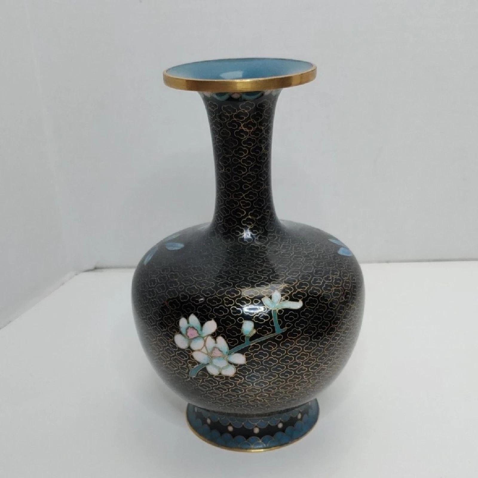 Black and Blue Floral Cloisonné Accent Vase by