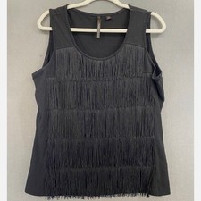 Skye's the Limit Womens 1X Black Tiered Fringe Sleeveless Scoop Neck Tank Top