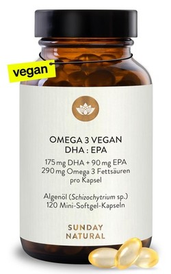 SUNDAY NATURAL  Omega 3 Vegan - 120 Softgel Kapseln - 1.000 mg Algenöl pro...