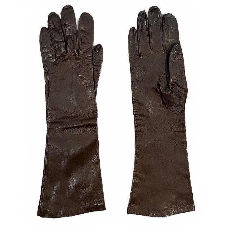 Pair of dark brown leather gloves with silk lining.