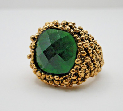 BOLD Vintage Faux Emerald & Gold Cocktail Ring Adjustable Inside Band Sz 10 to ?