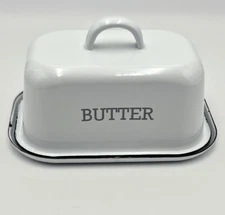 Butter Dish White Enamel Farmhouse Black Trim And Gray Lettering Large