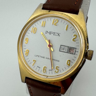 Vintage Impex Hong Kong Hand-Winding Mechanical Watch Men Gold Tone Date Leather
