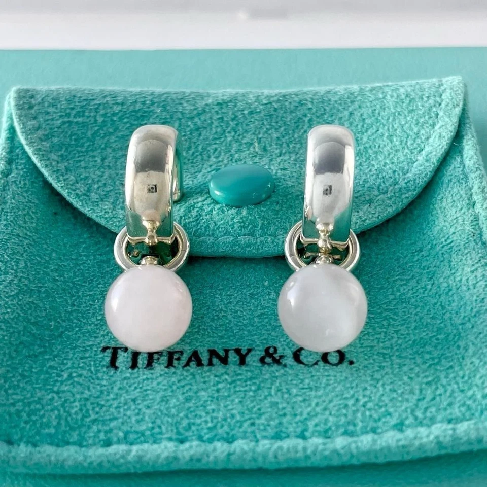 Authentic Tiffany & Co. Rose Quartz Door Knocker Ball Earrings Silver 925 VB6fe - Image 2 of 4