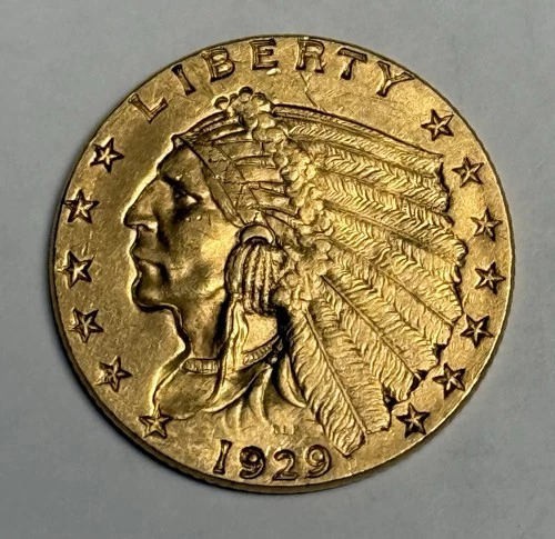 AU/MS 1929 Indian Head Gold Quarter Eagle (All Original!), U.S. $2.50 Type Coin