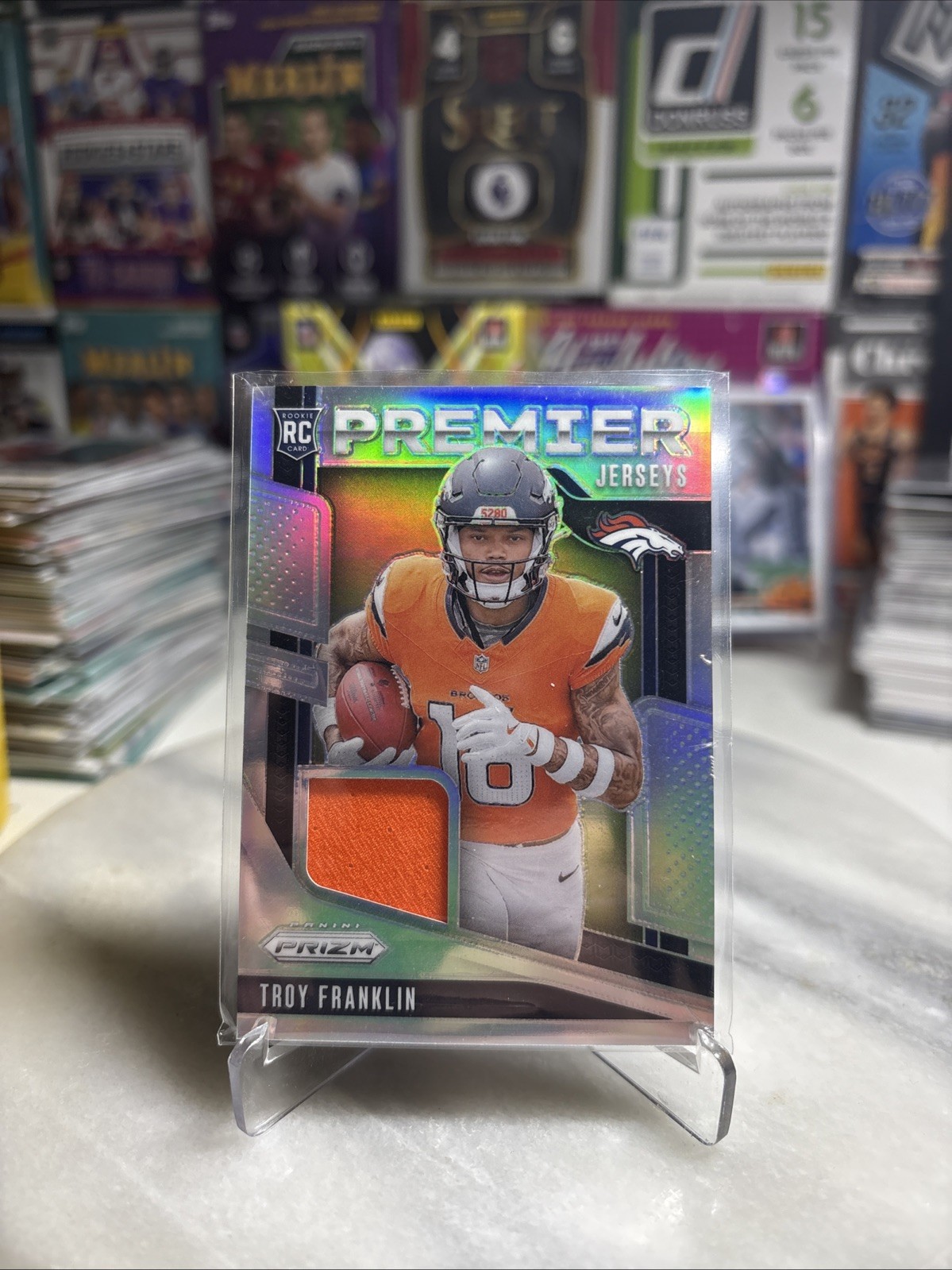 #PJ-TFN Troy Franklin 2024 Prizm Premier Jerseys Silver Patch RC Patch Denver