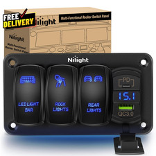 3 Gang Rocker Switch Panel Aluminum 12V 24V with USB C Charger Voltmeter Blue  