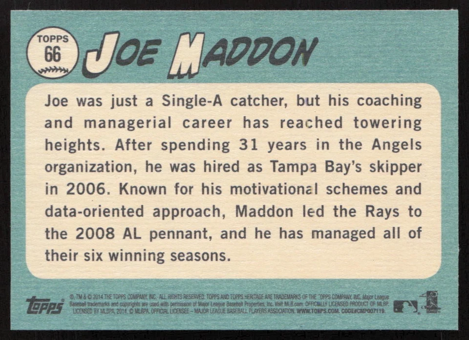2014 Topps Heritage Joe Maddon #66 Tampa Bay Rays - Image 2 of 2