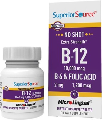 Superior Source No Shot Vitamin B-12 Cyanocobalamin 10000 mcg, B-6, Folic Acid 1