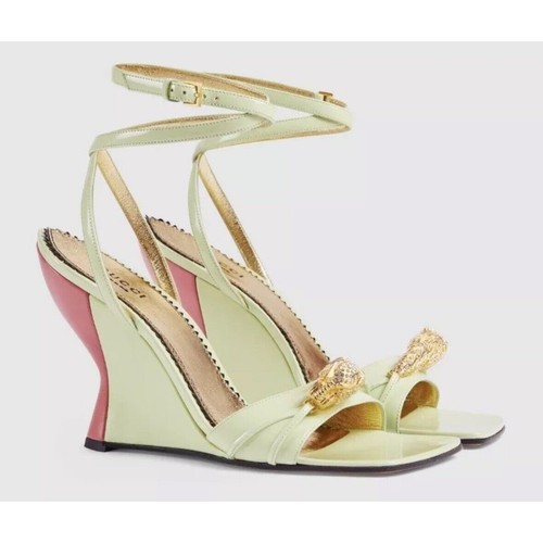Gucci 37.5 US 7.5 Two-Toned Dora Embellished Wedge Green Sandals NIB $1,250 - Picture 1 of 13