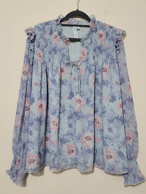 Grace + Karma Blouse Top Plus Size 1X Blue Floral Ruffle Trim Smocked Romantic