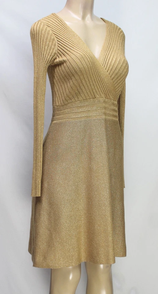 Vestido suéter para mujer INC manga larga acanalado dorado brillante talla M Foto 3 de 4
