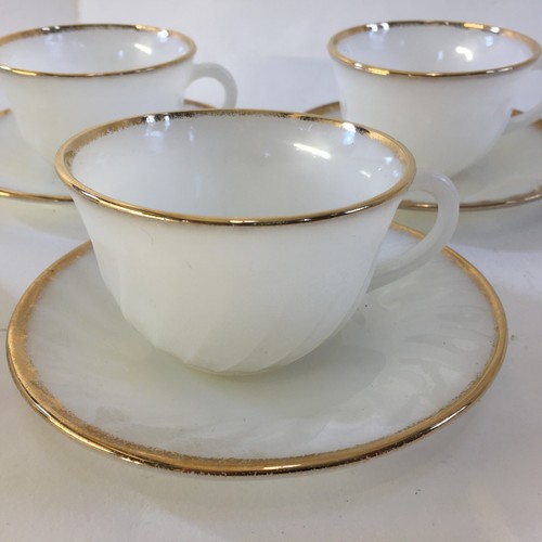 Set of 6 Anchor Hocking Milk Glass Fire King Gold Teacups Saucers Swirl Pattern - Picture 5 of 24