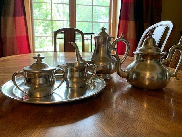 Woodbury Pewter Coffee & Tea Serving Set w/ Tray (Satin Finish) - 5 Pieces Total