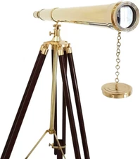 39 Inch Standing Brass Telescope With Wooden Tripod Stand Antique Golden Floor