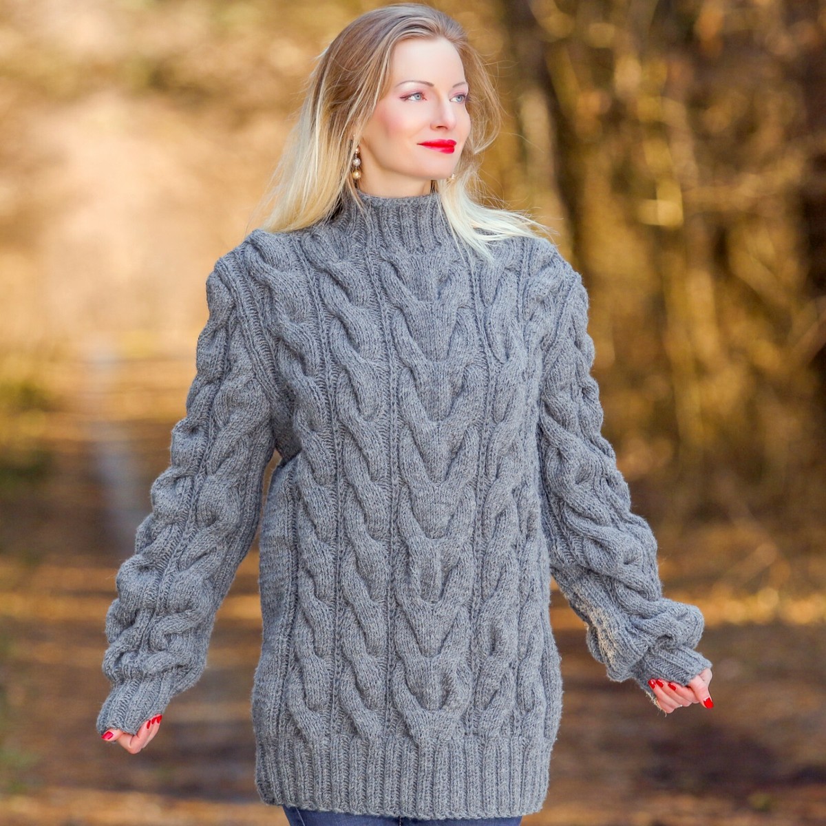 Gray wool sweater cable pullover crewneck hand knit warm soft
