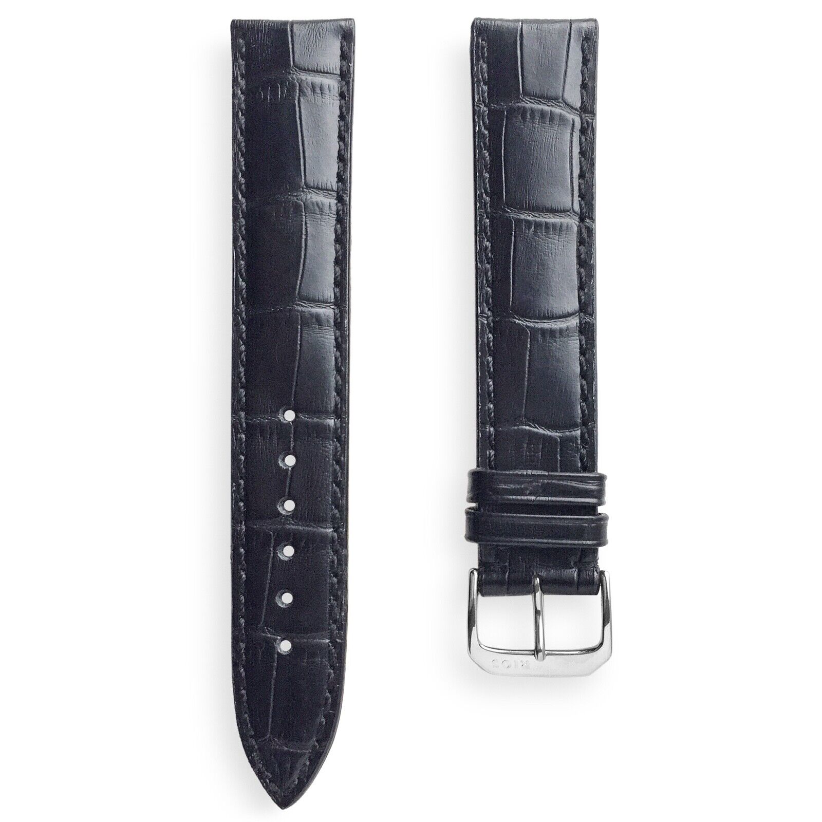 22mm LONG Black Alligator Grain Leather Watch Band Strap Padded & Match Stitch 
