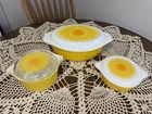 VINTAGE PYREX SUNFLOWER DAISY 3PC CASSEROLE DISH SET 471, 473, & 045 W LIDS