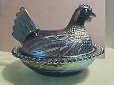 Indiana Glass Iridescent Blue Carnival Style - Hen On Nest - 7