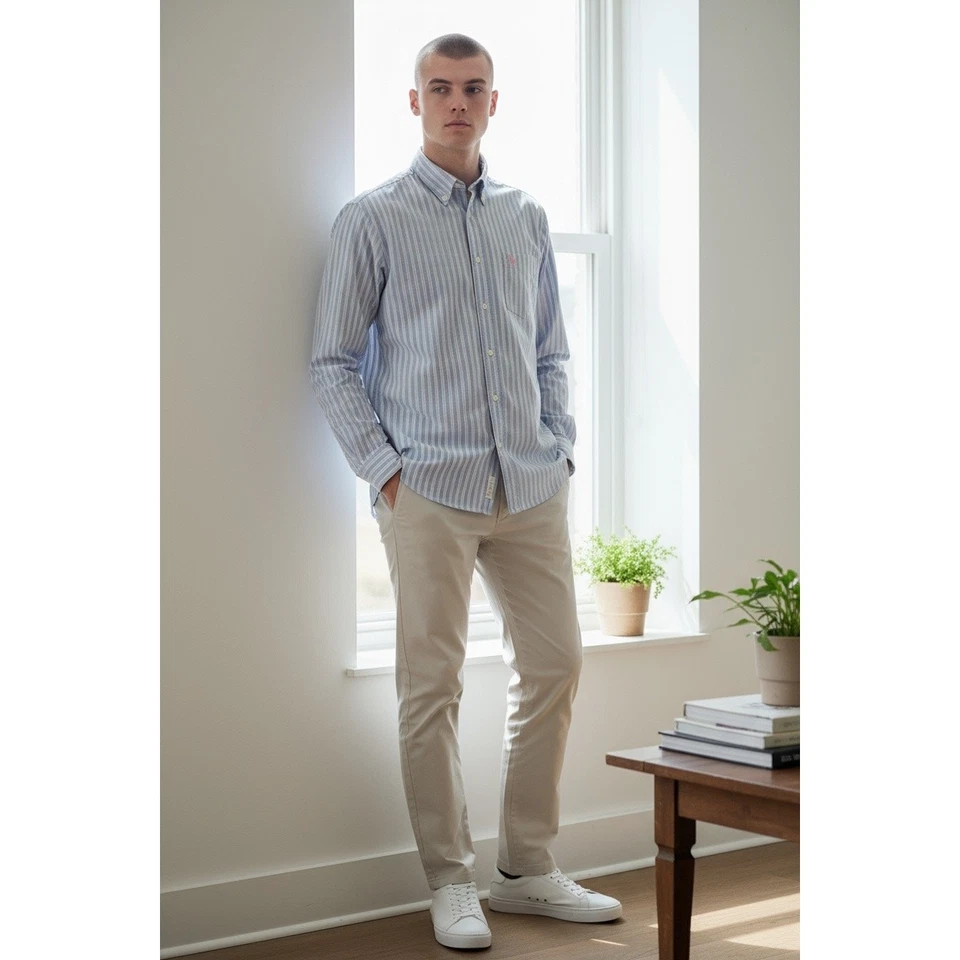 Aeropostale винтажный L на пуговицах синяя полоса длинным рукавом хлопок платье рубашка - Изображение 3 из 4