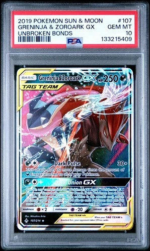 2019 POKEMON SUN & MOON UNBROKEN BONDS #107 GRENINJA & ZOROARK GX PSA 10