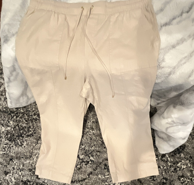 Ellen Tracy Beige Linen Ankle Pants Women Drawstring Pockets Elastic Waist