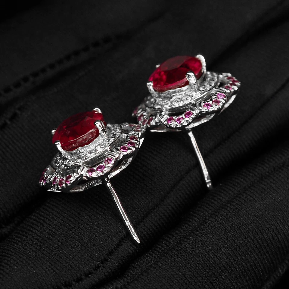 Sontuosi orecchini placcati oro bianco in argento sterling 925 con rubino... - Immagine 4 di 4