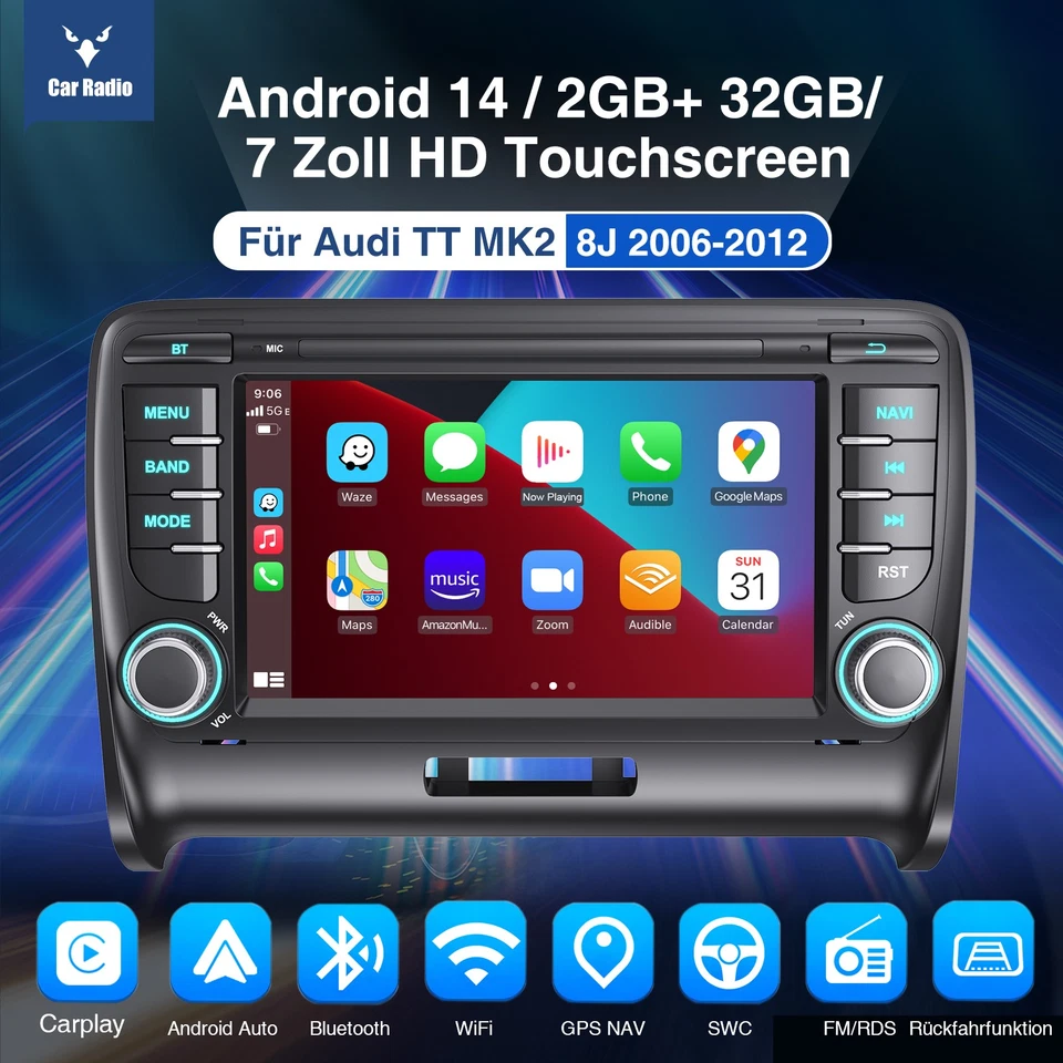 Autoradio Apple Carplay GPS NAVI RDS WIFI Für Audi TT MK2 8J 2006-14 Android 14 - Bild 2 von 4