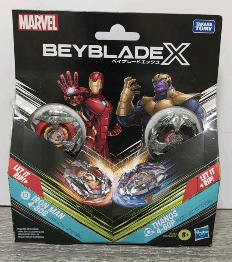 Marvel Beyblade X Iron Man 4-80B & Thanos 4-60P Takara Tomy Hasbro