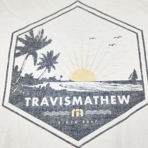 TravisMathew T-Shirt weiß Grafik XL Palme Sonnenuntergang Strand Urlaub - Bild 2 von 6