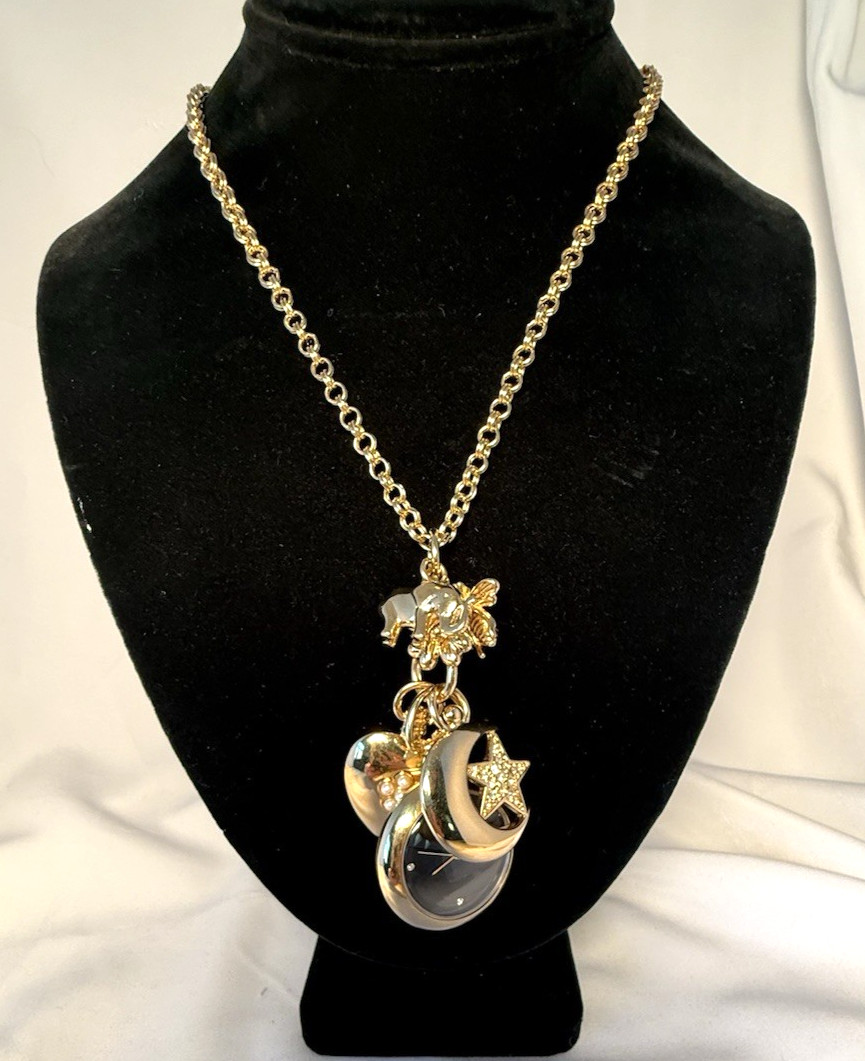 Vtg, Joan Rivers Necklace, Heart, Clock, Charms, Moon & Star, Gold Tone, Rare