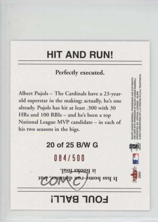 2003 Fleer Tradition Black & White Goudey Red /500 Albert Pujols #20B/WG - Image 2 of 2