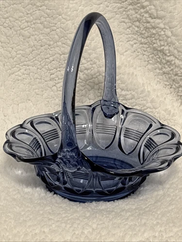 Vintage Fenton Glass Periwinkle Blue Oval Barred And Scalloped Edge Basket Bowl