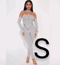   Grey Ribbed Crop Top  Leggings Two Piece Set Size S