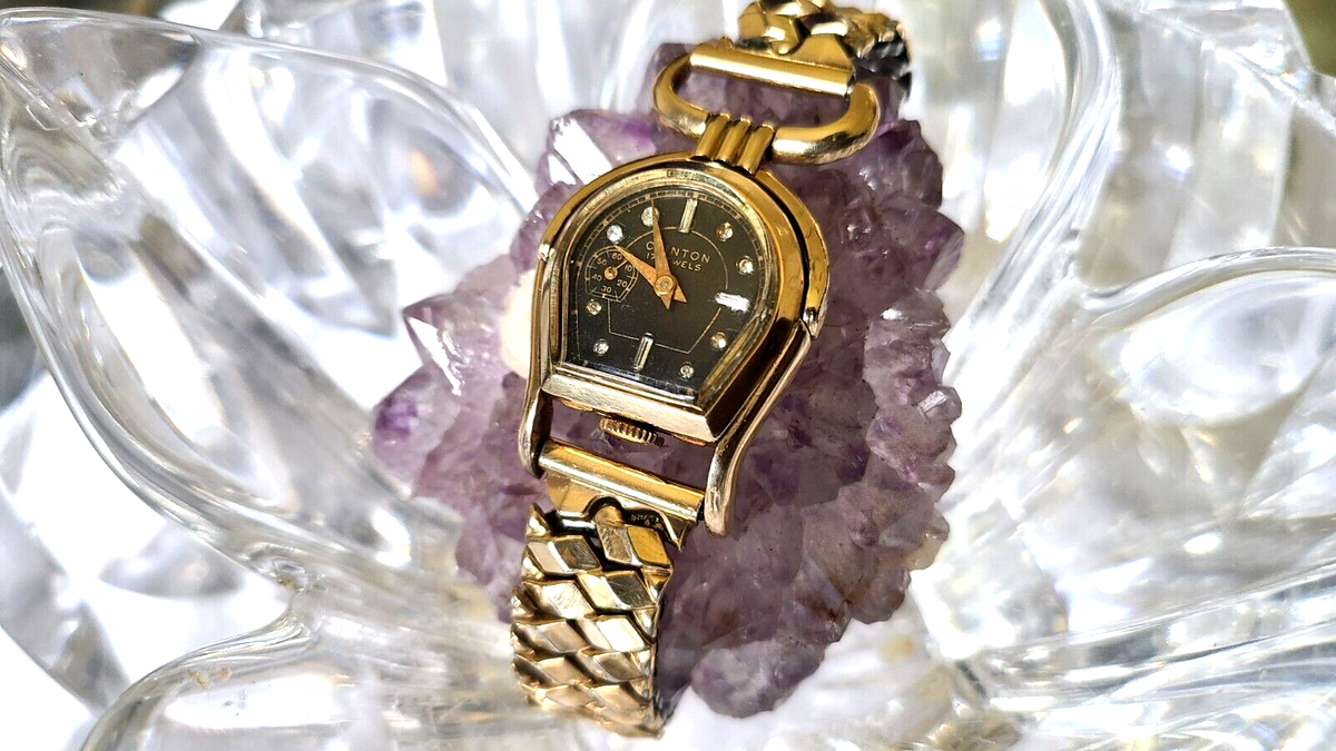 Rare Vintage Clinton Horse Shoe Hand wind Black Jeweled Dial 