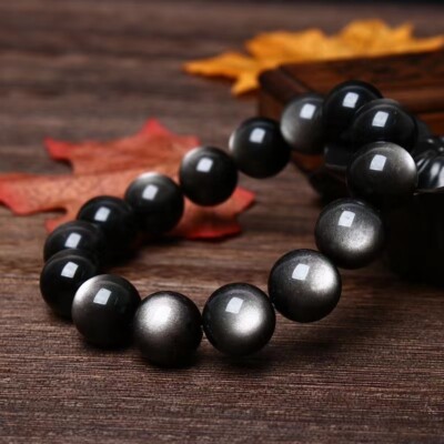 14mm Natural Silver Gray Obsidian Gemstone Crystal Big Round Bead Bracelet AAAA