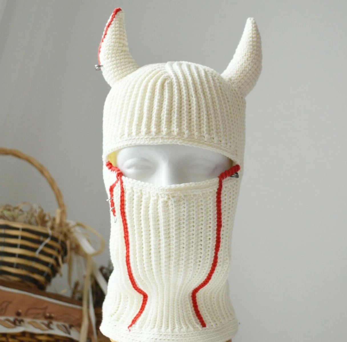 Knitted cream balaclava ski mask with horns women men Custom crochet devil hat