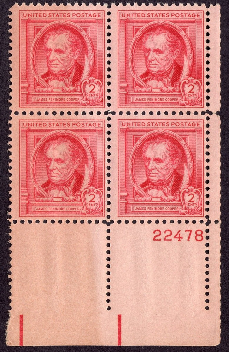 Scott #860 James Fenimore Cooper Plate Block of 4 Stamps - MNH P