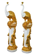 New Regal Gold Gilded Ornate Emerald Peacock Entry Hall Foyer Artistic Pedestals