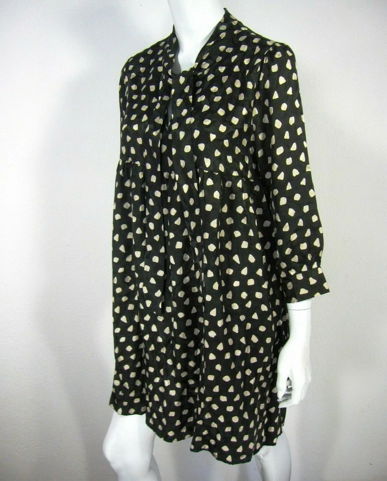 Vestido LUX 100% Seda Negro Crema Lunares Manga Larga Talla M Mediano  Foto 3 de 4