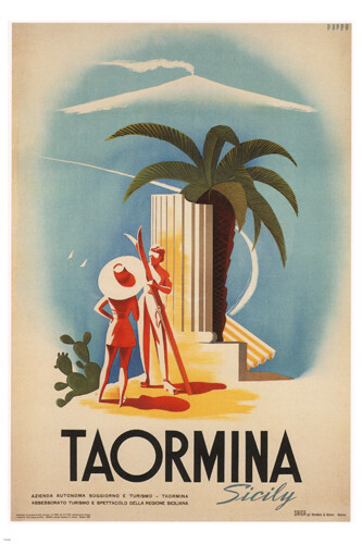 AFFICHE DE VOYAGE VINTAGE TAORMINA SICILE Mario Puppo ITALIE 1952 20x30 ADORABLE ! - Photo 1 sur 1