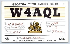 QSL CB Ham Radio W4AQL Atlanta Georgia 'Georgia Tech Radio Club' Vtg 1957 Card