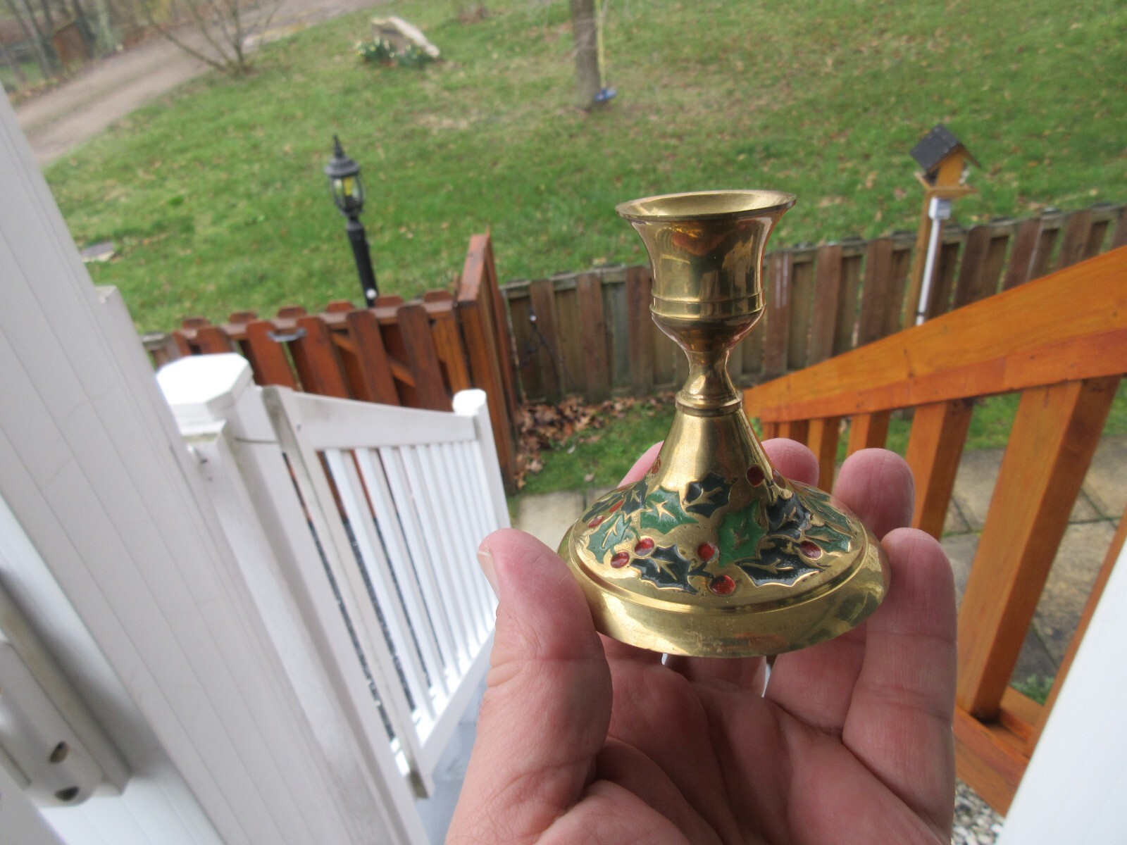 SET OF 2 ~BRASS CANDLE HOLDERS WITH ENAMELED HOLLY DECOR!~~QUALITY!!!