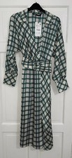 ZARA GREEN ECRU CHECK PRINT MIDI DRESS CROSSOVER WRAP FRONT SIZE XS BNWT
