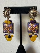 Celestial Sun & Moon Statement Pierced Earrings Yellow & Purple Glass Beads Boho