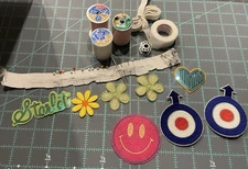 8 Assorted Iron on Patches Metal Bobbin Hem Tape Thread 1/2” Elastic  Lot Of 15