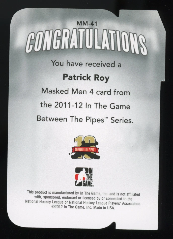 2011-12 ITG Masked Men 4 #MM-41 Patrick Roy ruby die cuts Between the Pipes - Image 2 of 2